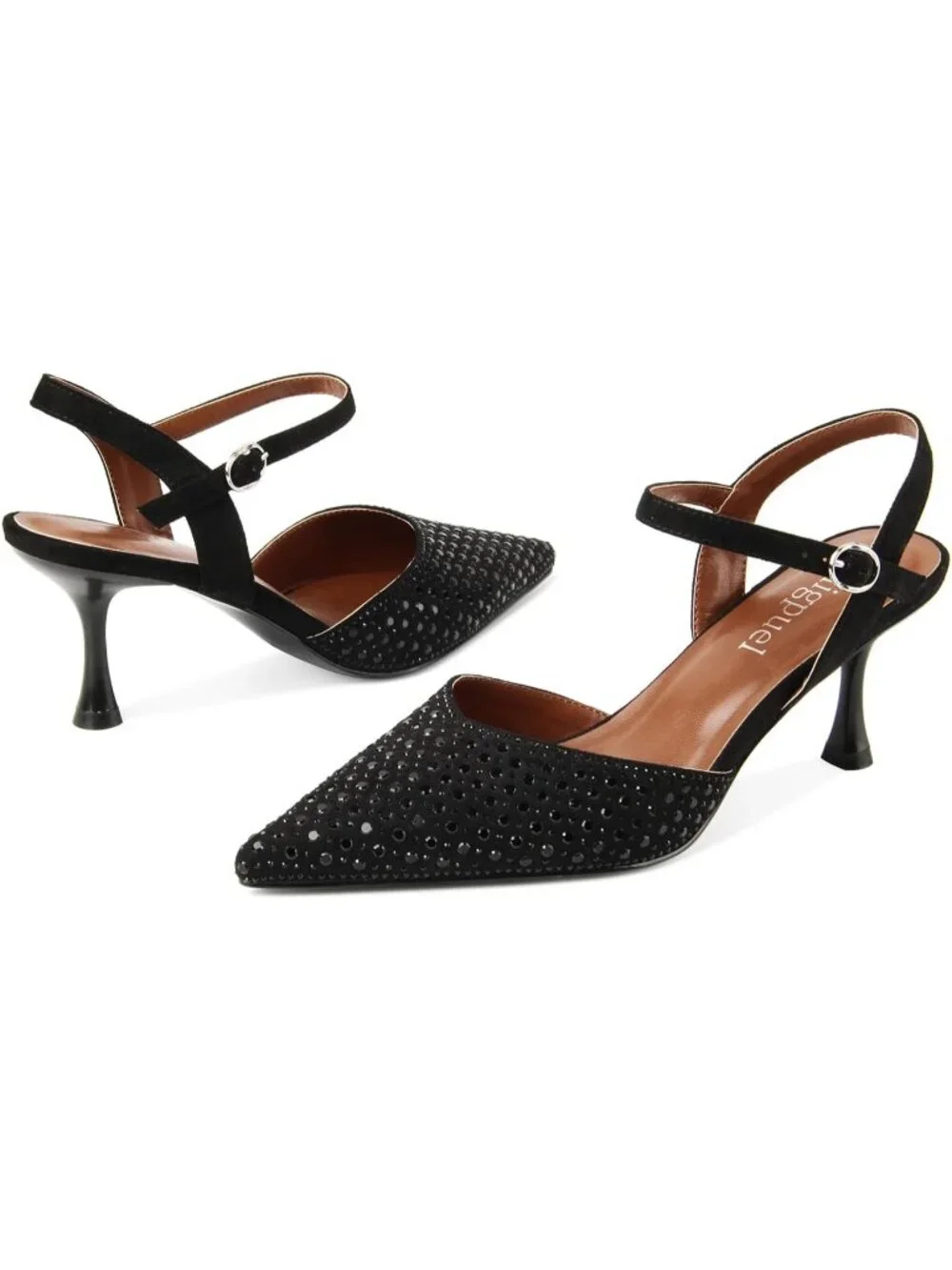 Women's Black Faux Suede Rhinestone Ankle Strap Closed Toe Kitten Heels Pumps